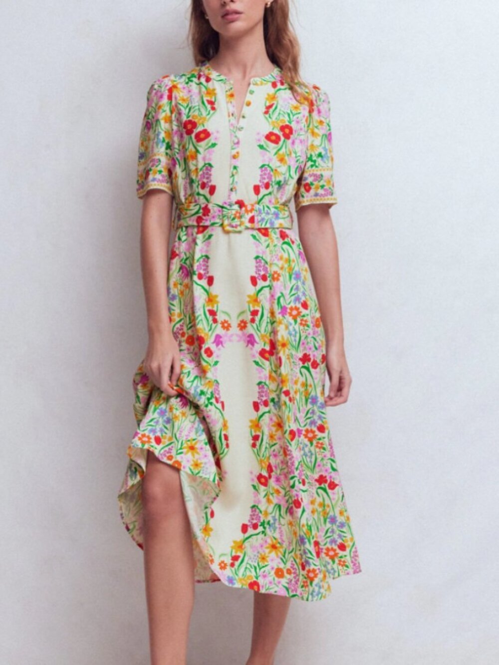 Boden Kate Puff-Sleeve Belted Midi Dress In Elegant Garden - Size US 4 - NWT